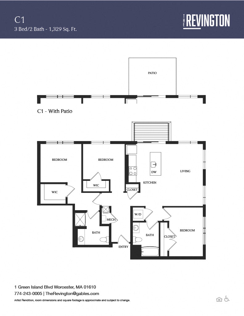 Floor plan for 3 beds, 2 baths, 1329 sqft